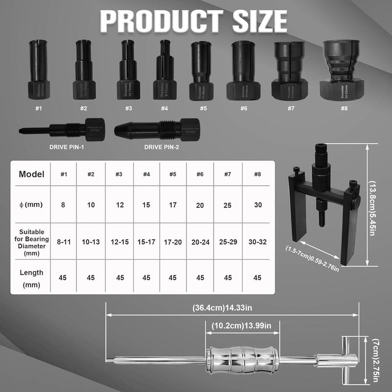 FITHOIST 12Pcs Motorcycle Blind Hole Bearing Puller Kit,Slide Hammer Puller Set, Pilot Insert Inner Bearing Puller with Collets 8-32MM - Image 2